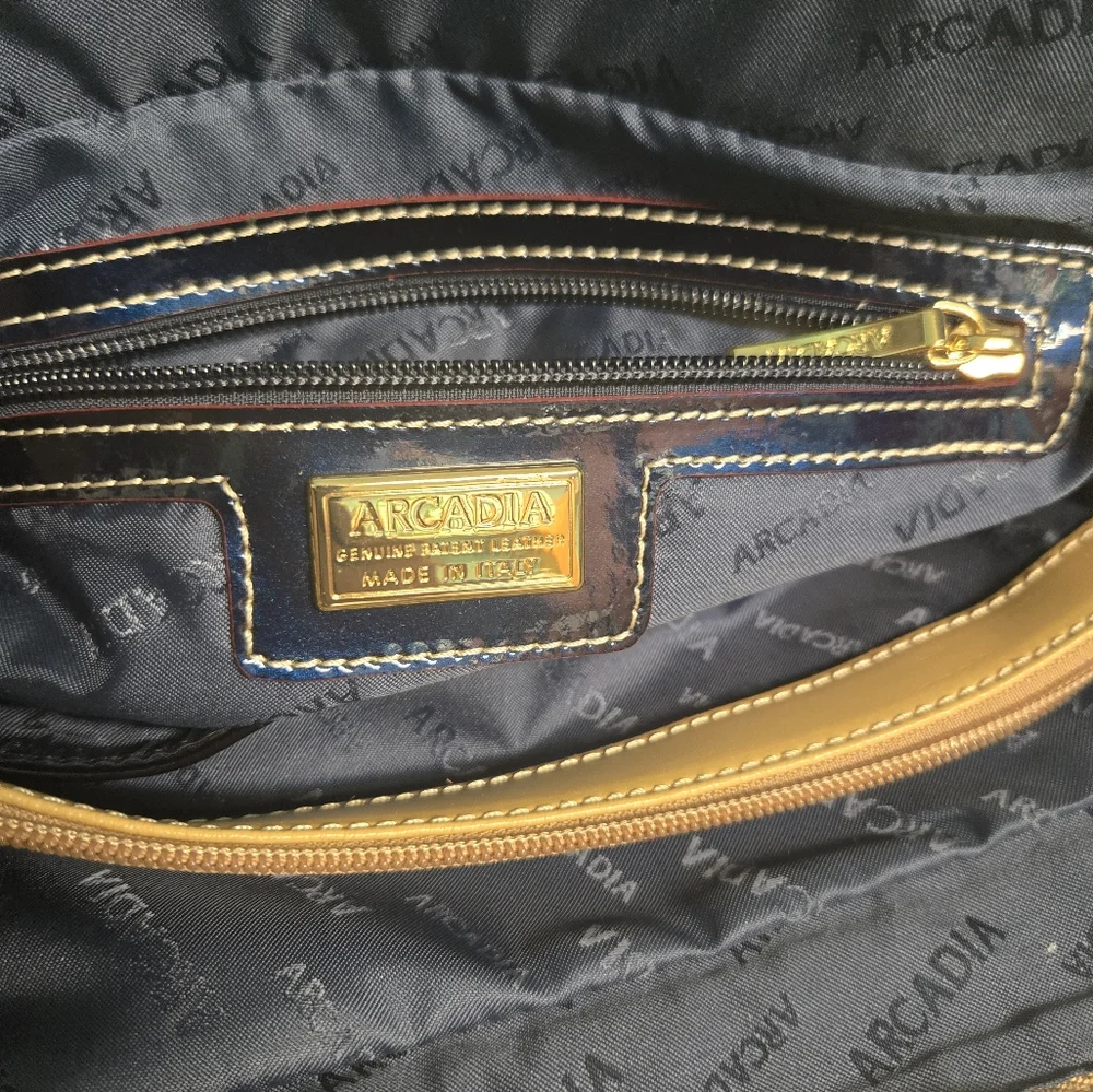 Patent Leather Tote Bag in Navy with Tan Accents